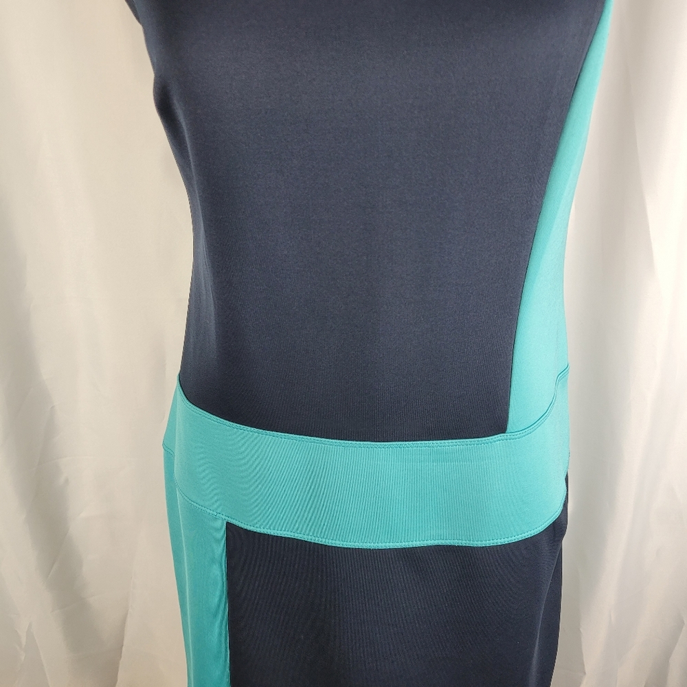Enfocus Studio Teal Navy Color Block Scuba Stretch Popover Midi Dress Size 8 - Picture 5 of 10